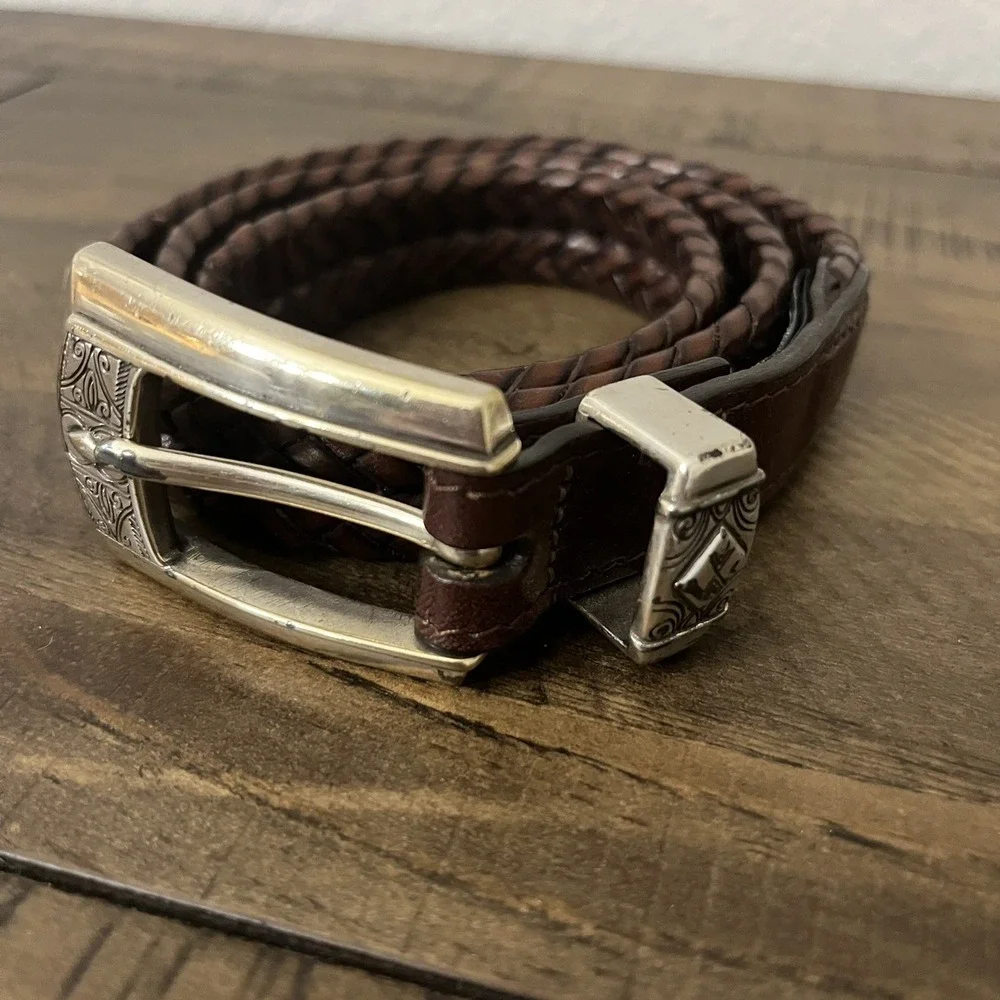 Brighton Brown Braided Leather Belt with Silver-Tone Conchos and Buckle - Picture 1 of 5